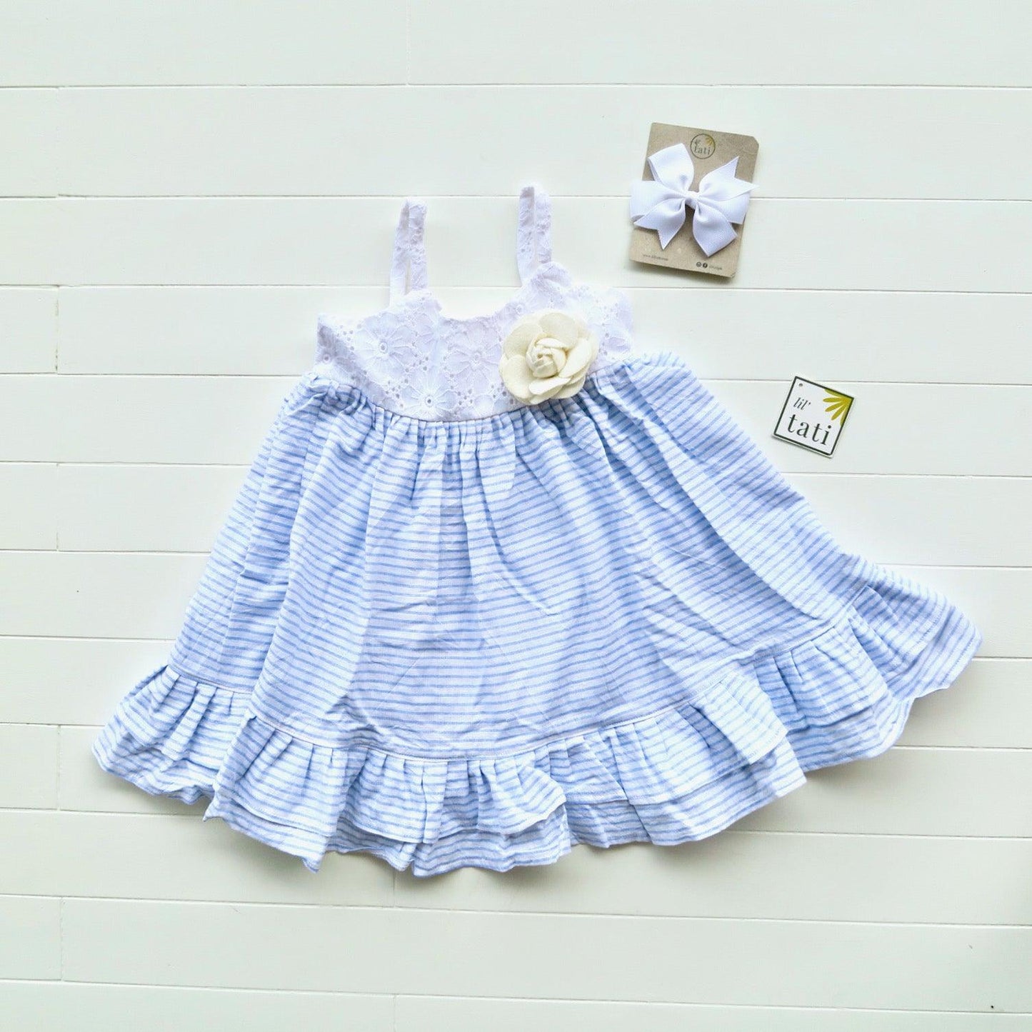 Dahlia Dress in White Flower Eyelet and Placid Blue Stripes Linen - Lil' Tati