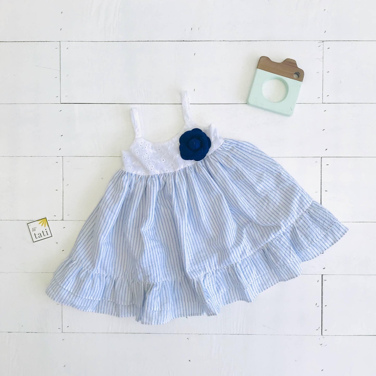 Dahlia Dress in White Eyelet and Placid Blue Stripes Linen - Lil' Tati