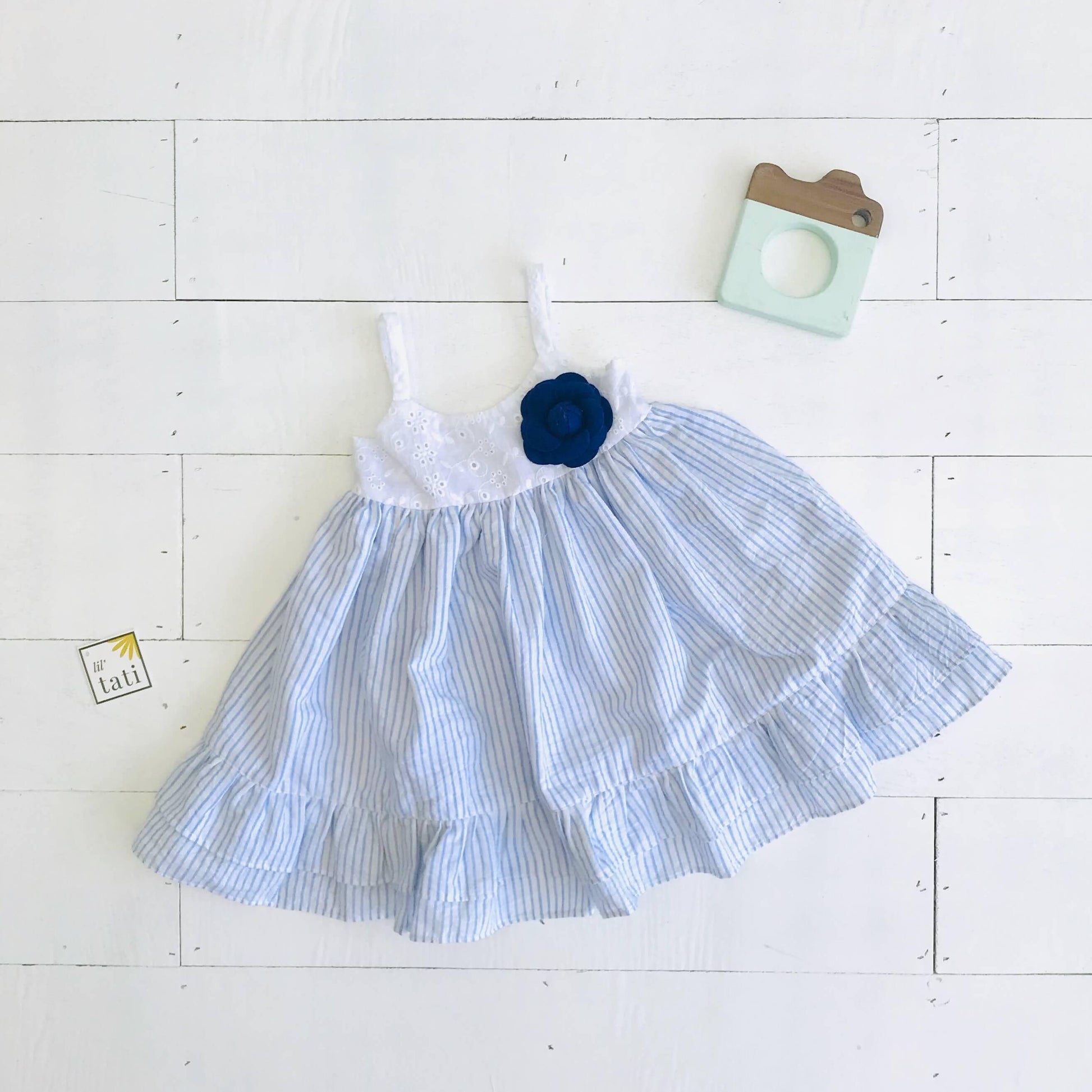 Dahlia Dress in White Eyelet and Placid Blue Stripes Linen - Lil' Tati
