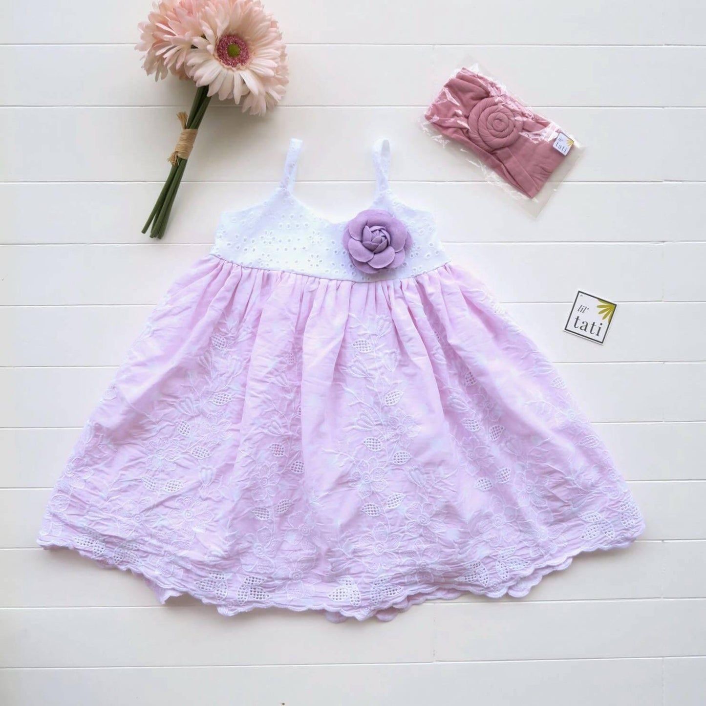 Dahlia Dress in White Eyelet and Pink Polka - Lil' Tati
