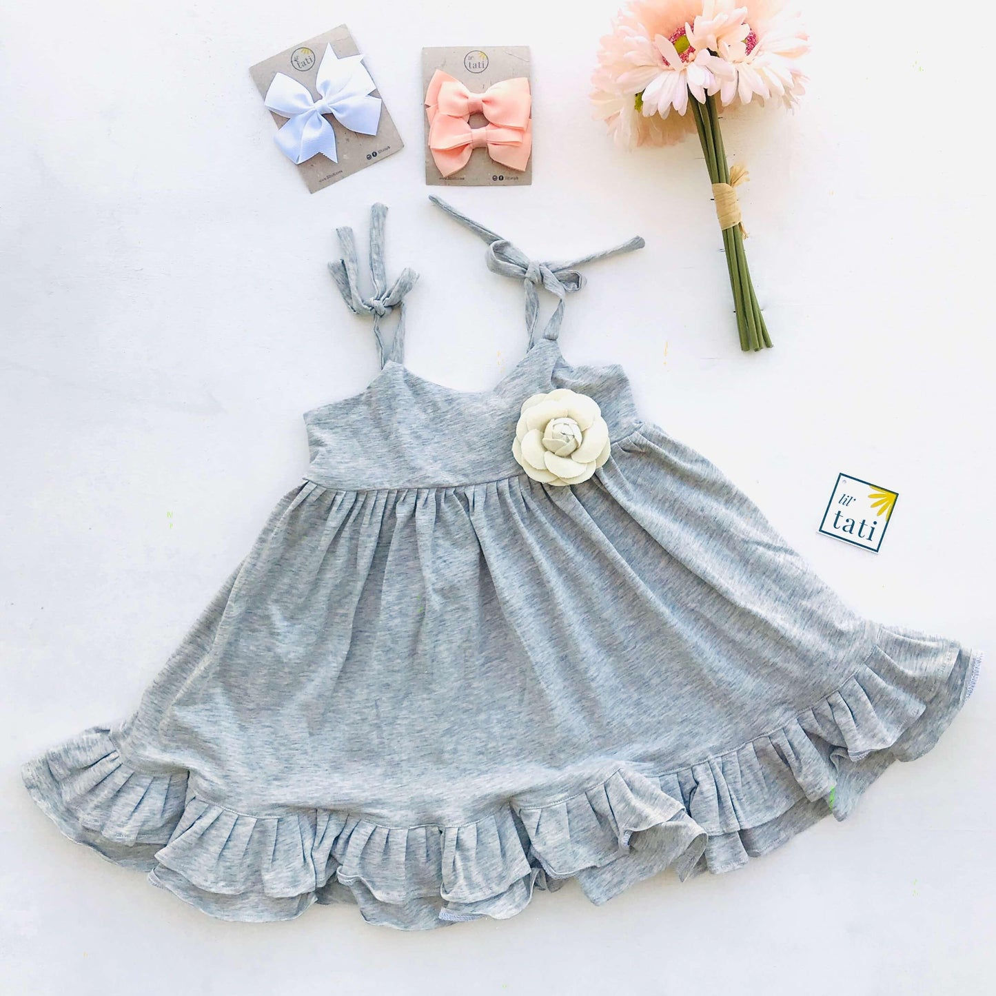 Dahlia Dress - Tie-strap in Gray Cotton Stretch - Lil' Tati