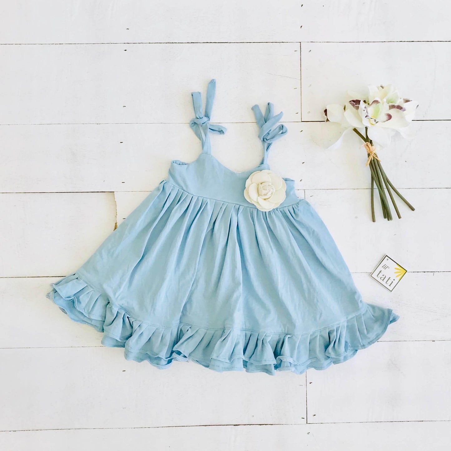 Dahlia Dress - Tie-Strap in Light Blue Cotton Stretch - Lil' Tati