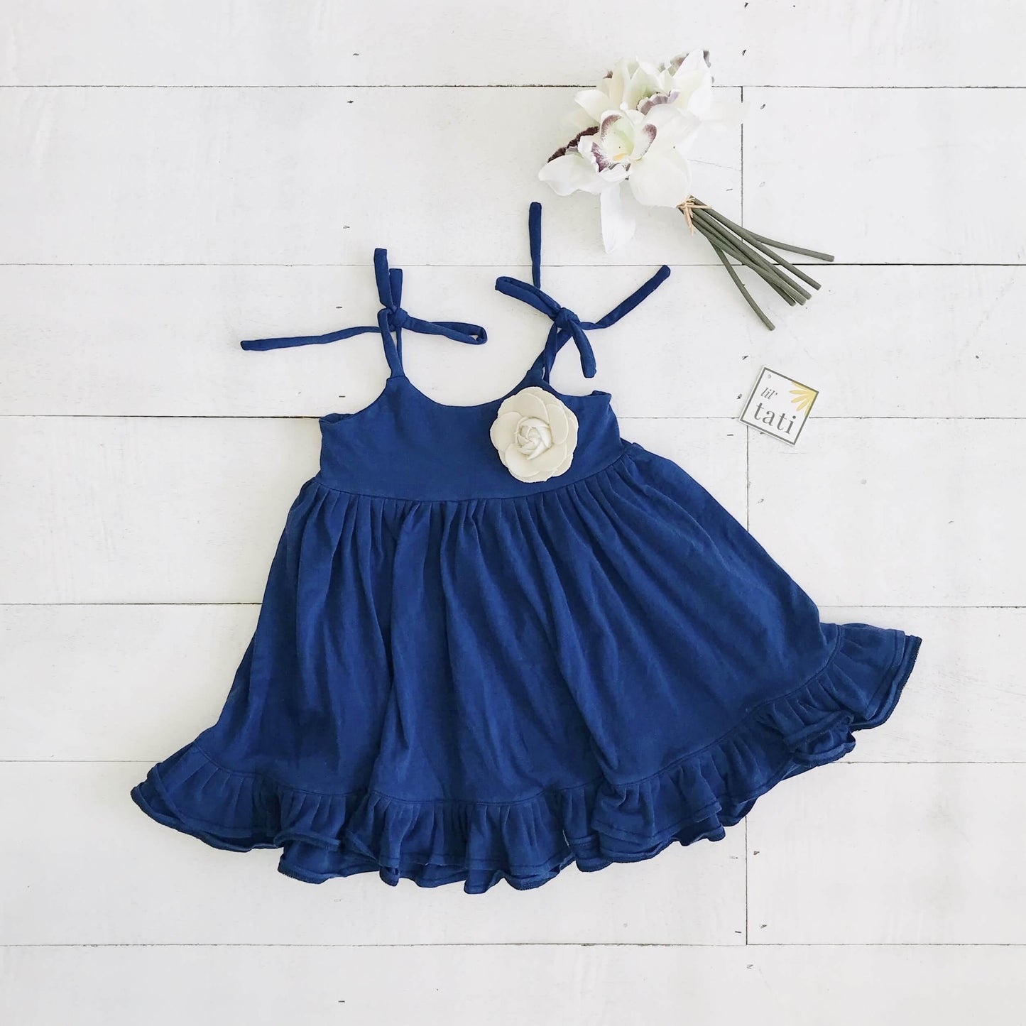 Dahlia Dress - Tie-Strap in Navy Cotton Stretch - Lil' Tati