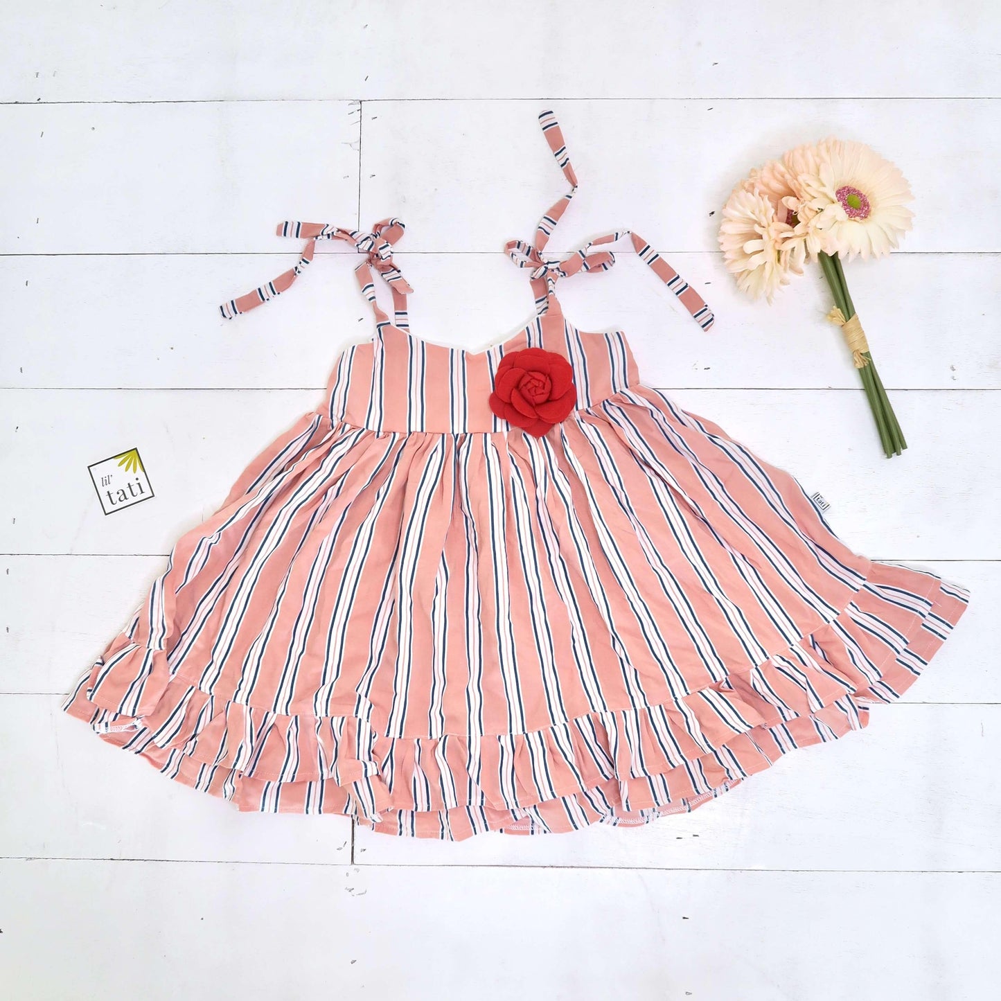 Dahlia Dress - Tie-Strap in Old Rose Stripes - Lil' Tati