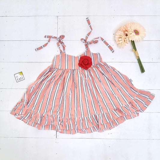 Dahlia Dress - Tie-Strap in Old Rose Stripes - Lil' Tati