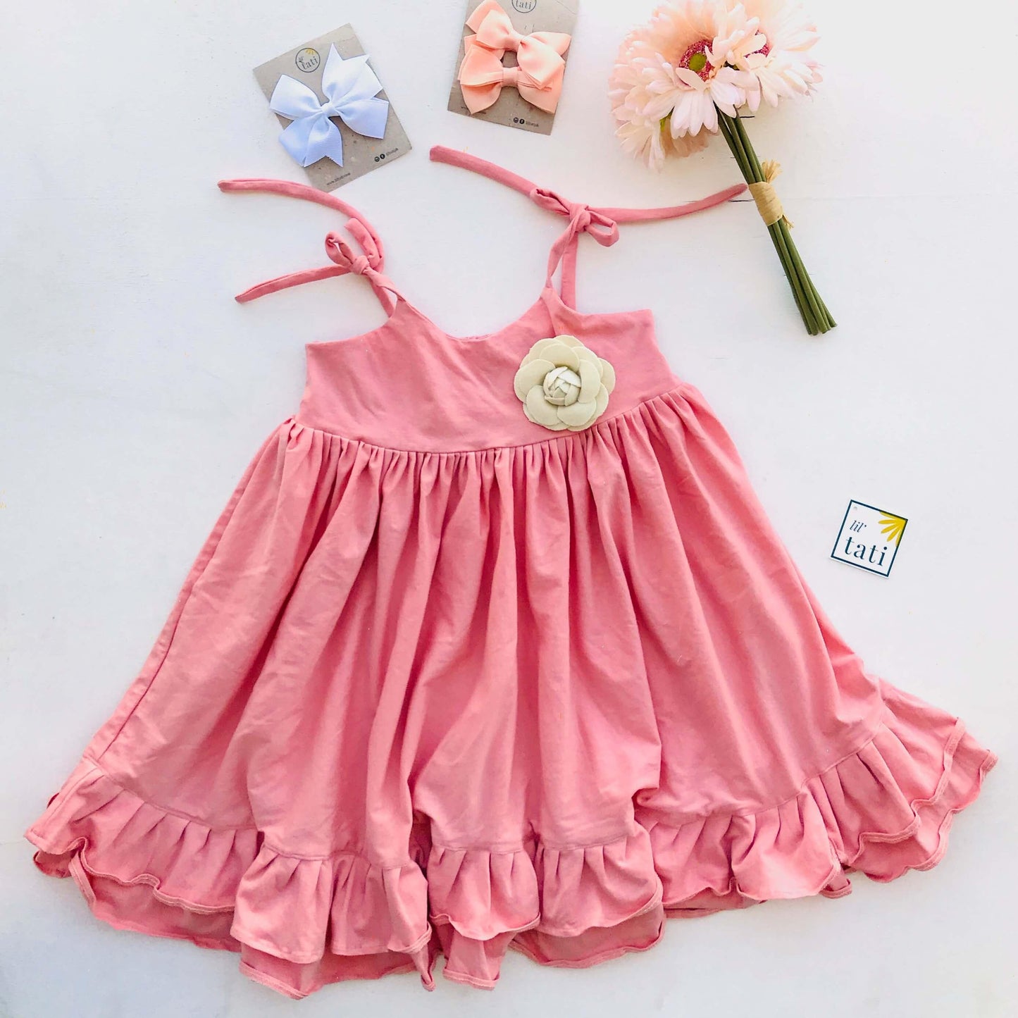 Dahlia Dress - Tie-Strap in Pink Cotton Stretch - Lil' Tati