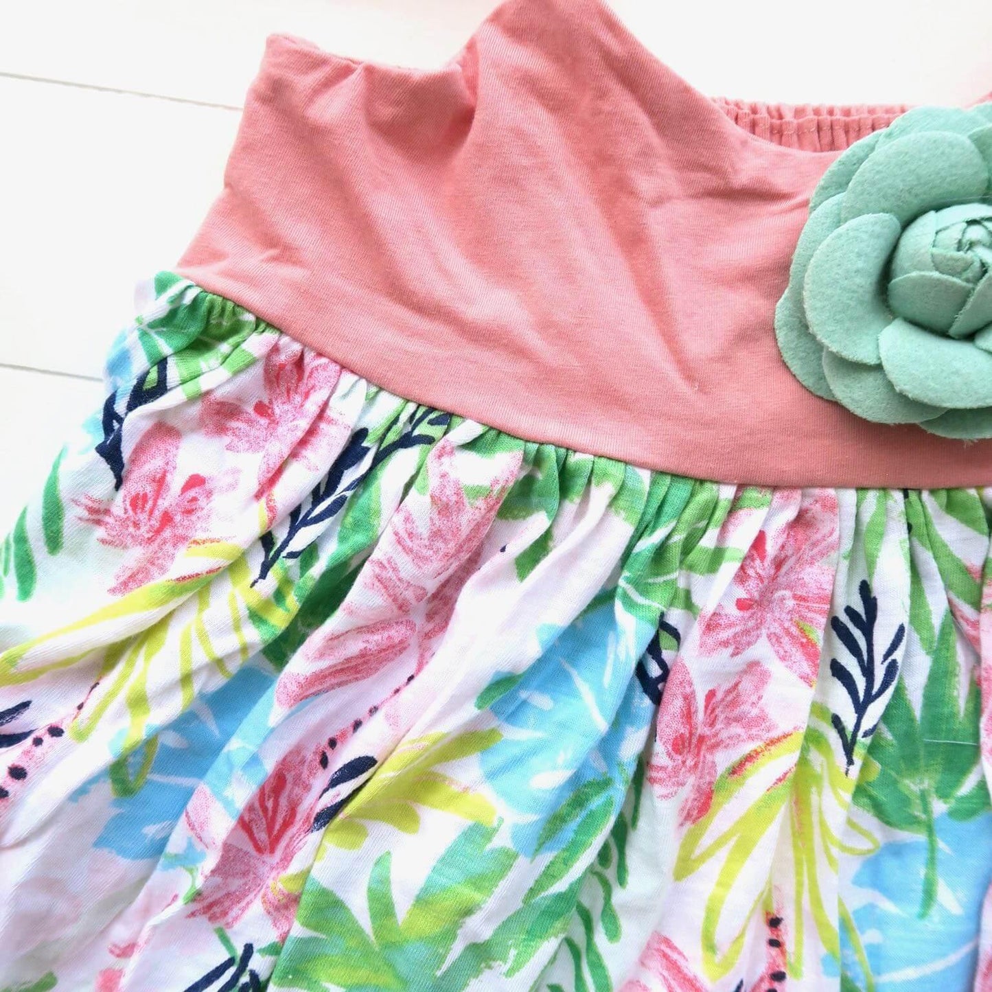 Dahlia Dress - Tie-Strap in Pink Stretch & Colorful Leaves Stretch - Lil' Tati