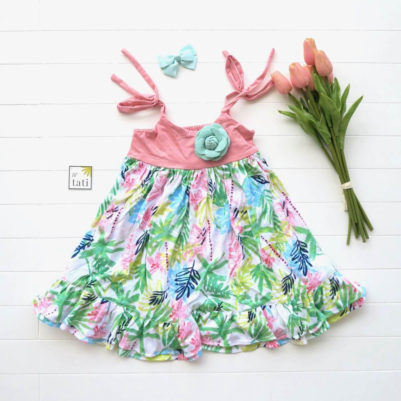 Dahlia Dress - Tie-Strap in Pink Stretch & Colorful Leaves Stretch - Lil' Tati