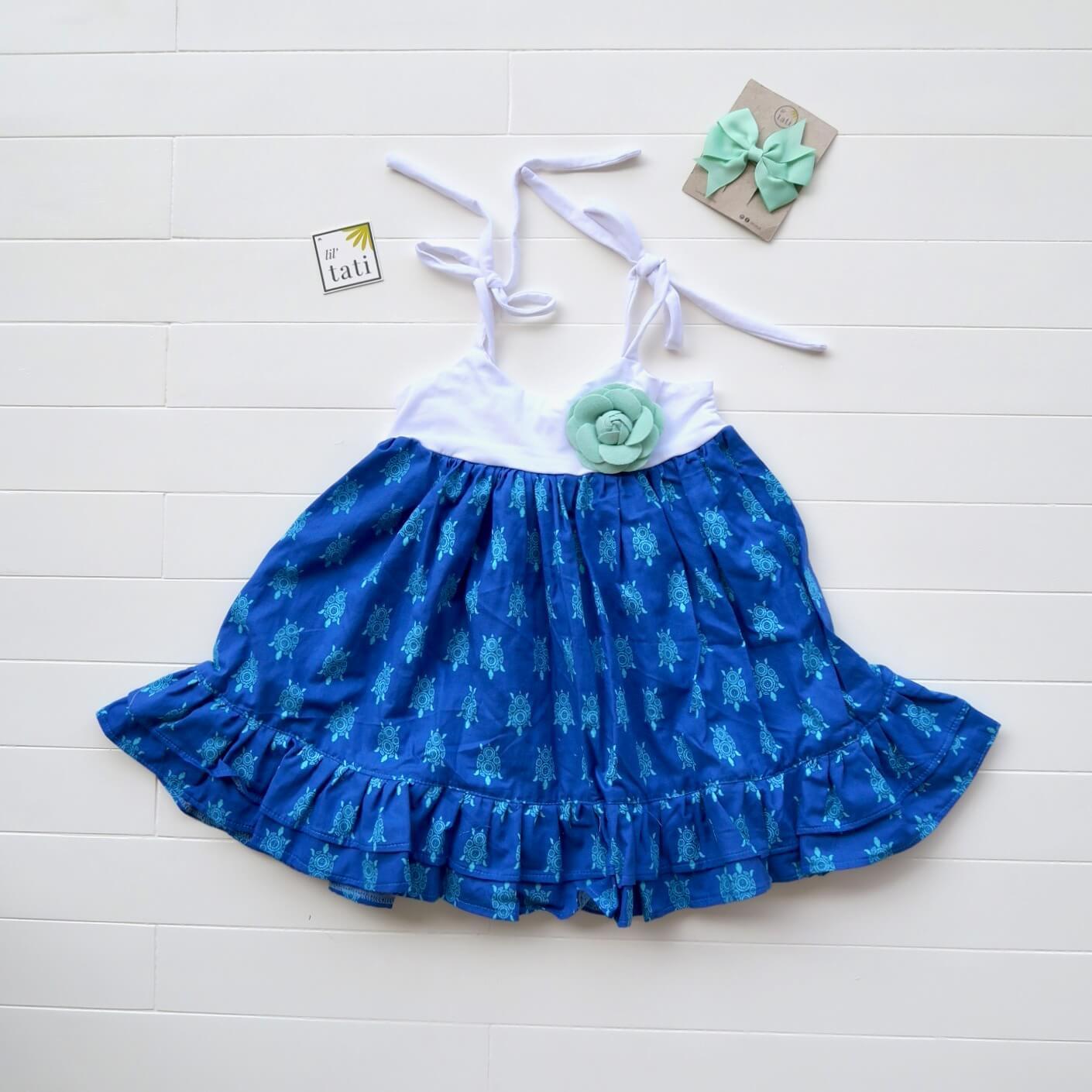 Dahlia Dress - Tie-Strap in Sea Turtle Print and White Cotton Stretch - Lil' Tati