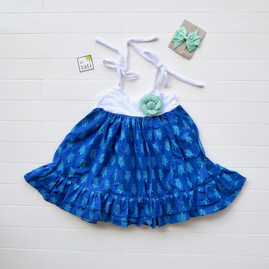 Dahlia Dress - Tie-Strap in Sea Turtle Print and White Cotton Stretch - Lil' Tati