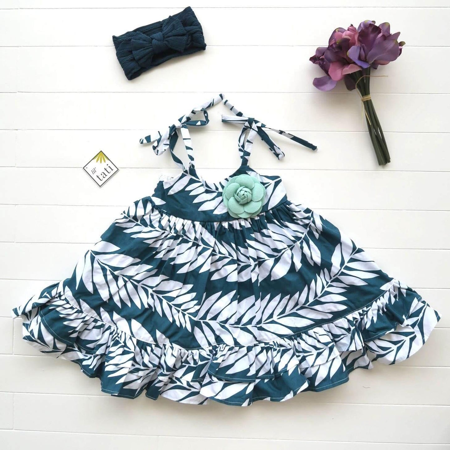 Dahlia Dress - Tie-Strap in Tahitian Leaves Print - Lil' Tati