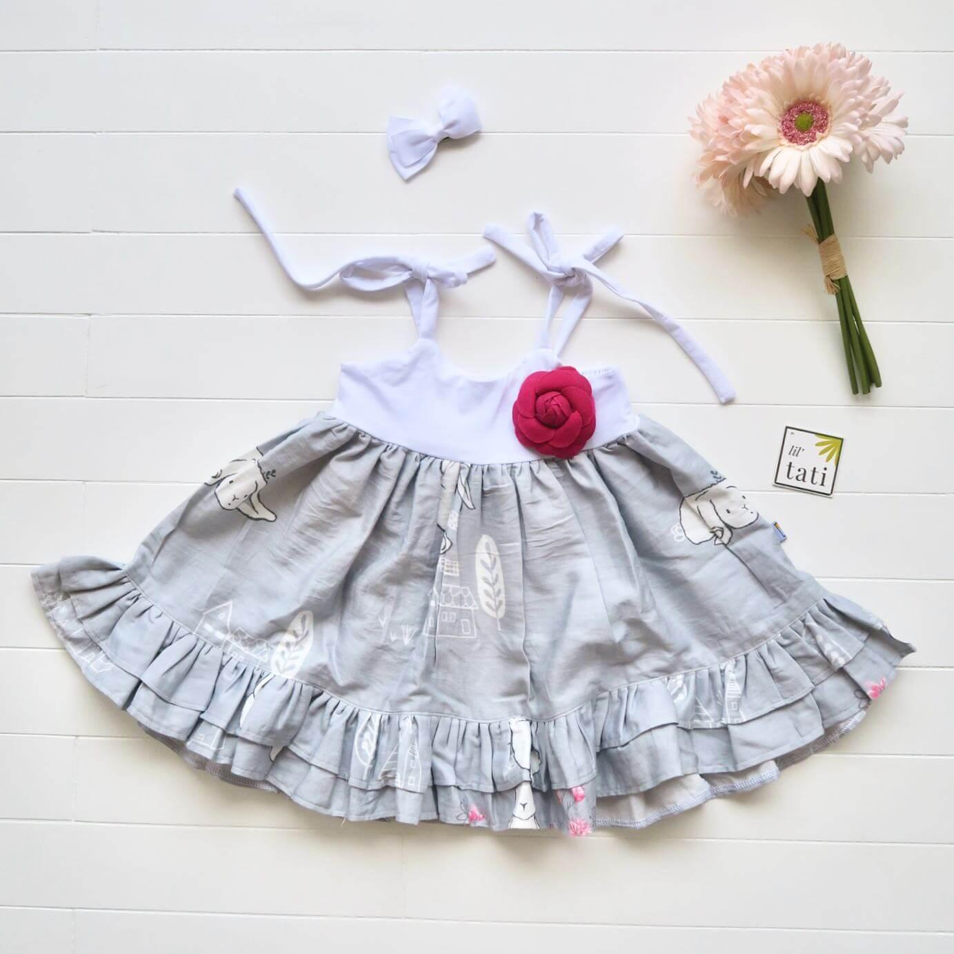 Dahlia Dress - Tie-Strap in Bunnies Gray Print and White Cotton Stretch - Lil' Tati