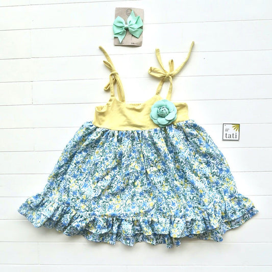 Dahlia Dress - Tie-Strap in Yellow Flower Garden & Yellow Cotton Stretch - Lil' Tati