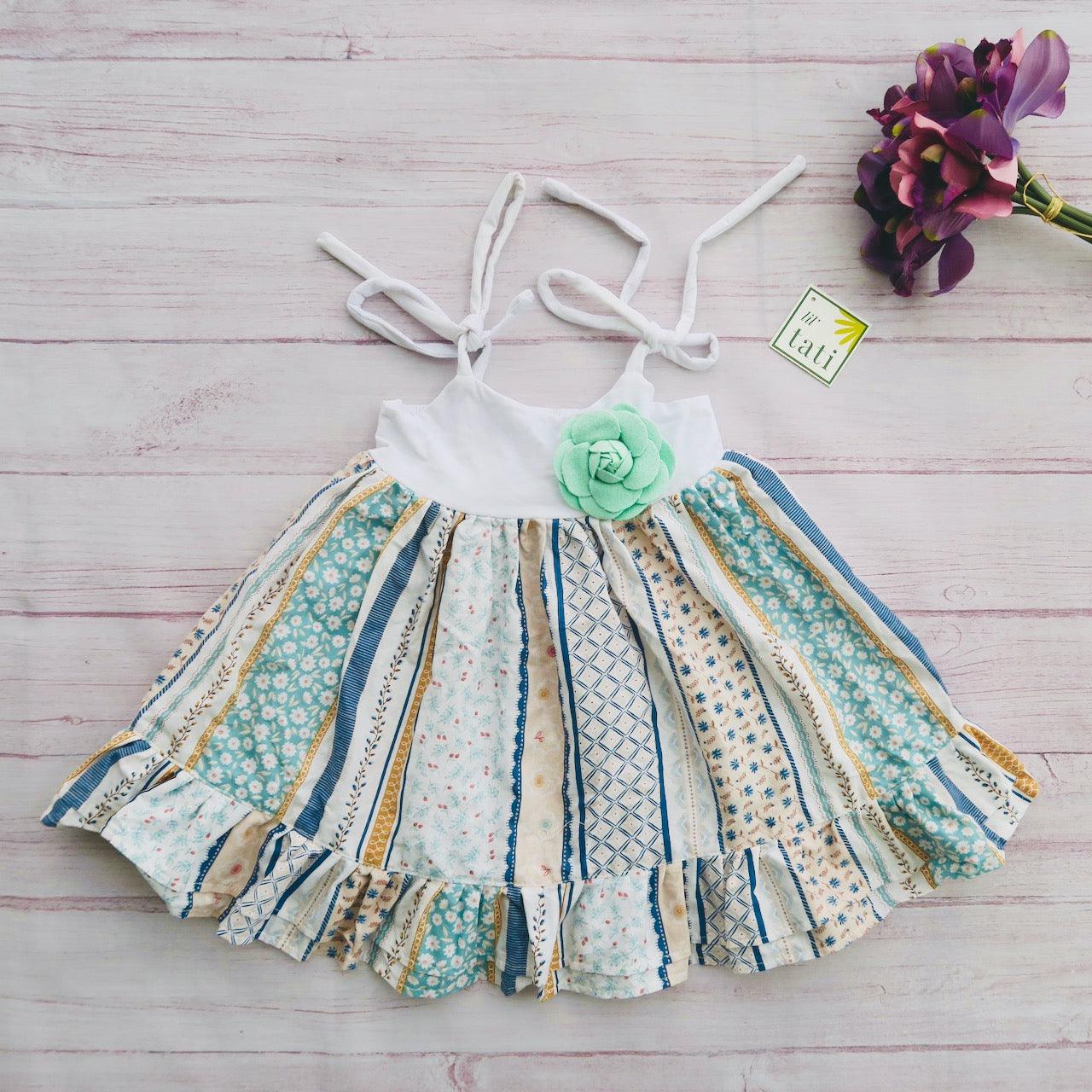 Dahlia Dress - Tie-Strap in Hippy Stripe Print and White Cotton Stretch - Lil' Tati