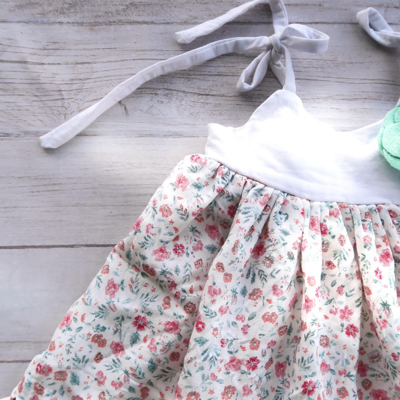 Dahlia Dress - Tie-Strap in Soft Pink Flowers Print and White Cotton Stretch - Lil' Tati