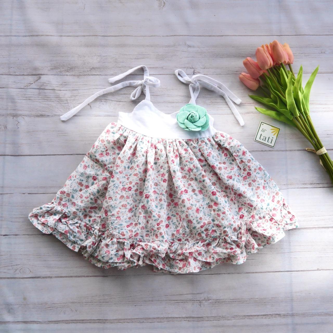 Dahlia Dress - Tie-Strap in Soft Pink Flowers Print and White Cotton Stretch - Lil' Tati