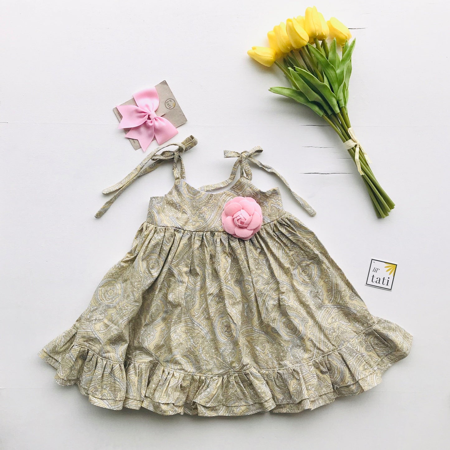 Dahlia Dress - Tie-Strap in Beige Paisley - Lil' Tati