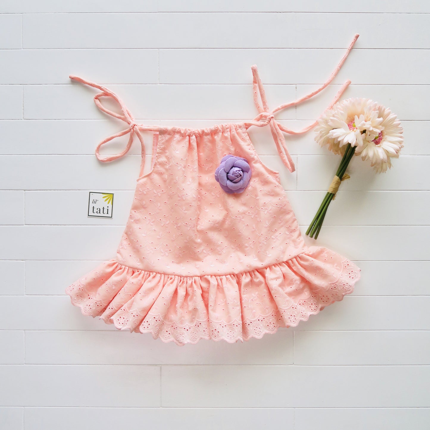 Daphne Dress in Peach Eyelet - Lil' Tati