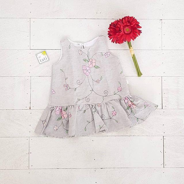 Holly Dress in Gray Linen Floral Embroidery Print - Lil' Tati