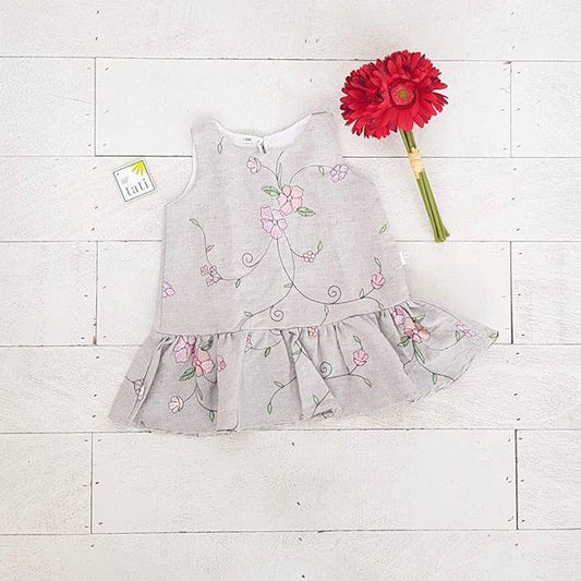 Holly Dress in Gray Linen Floral Embroidery Print - Lil' Tati