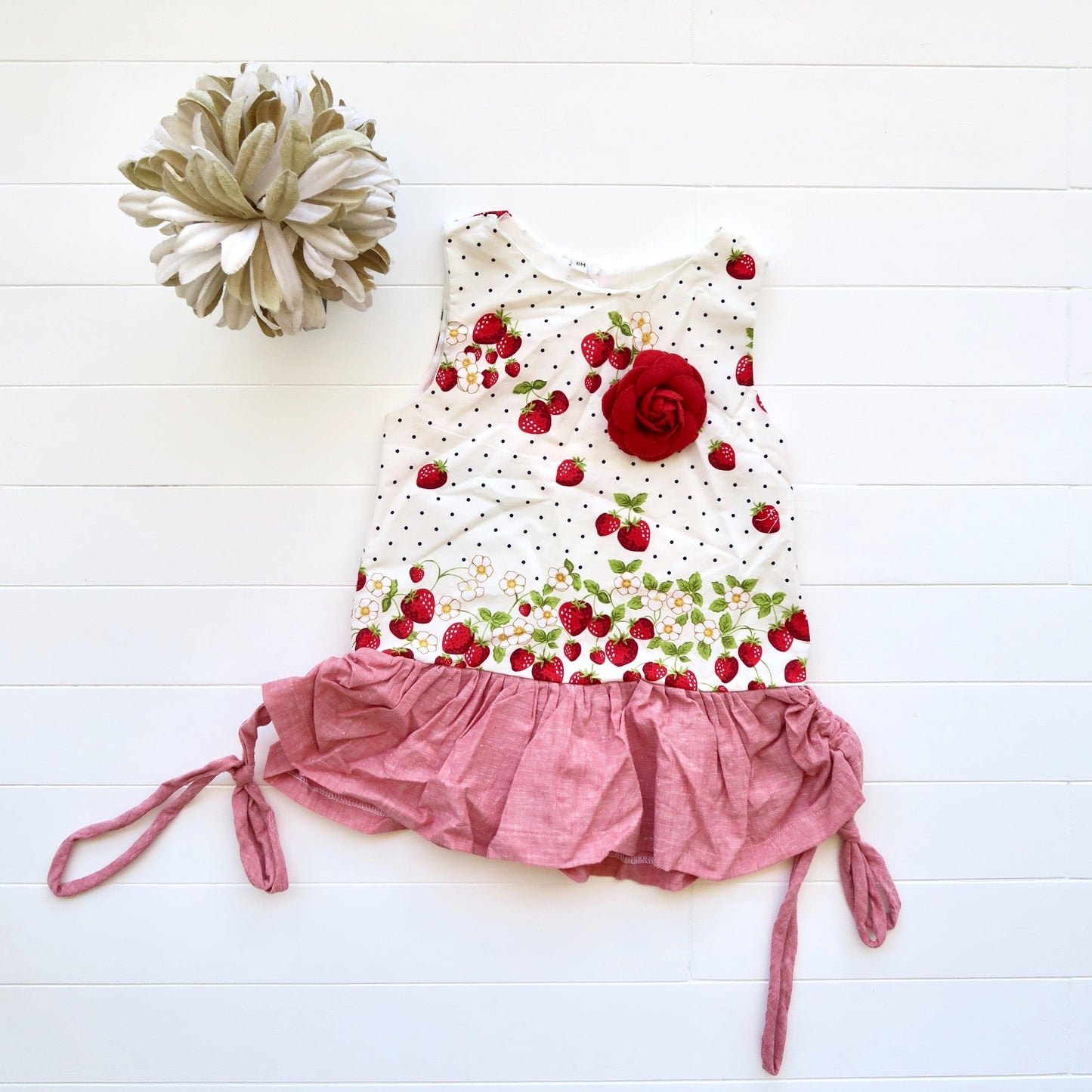 Holly Dress - Side Tie in Strawberry Polka and Red Linen - Lil' Tati