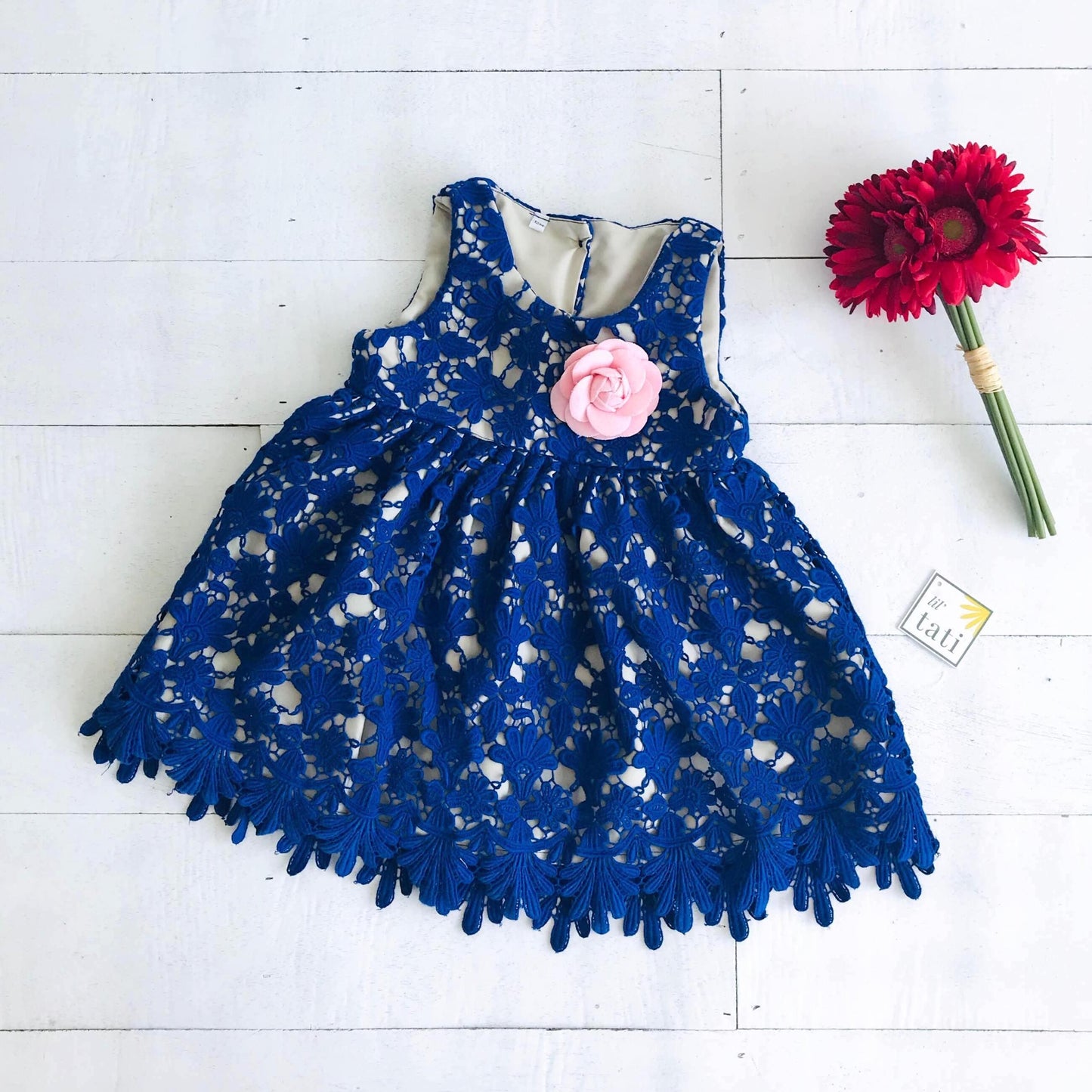 Iris Dress in Blue Floral Lace - Lil' Tati