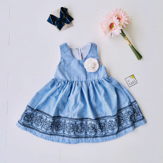 Iris Dress in Blue Stripes Embroidery - Lil' Tati
