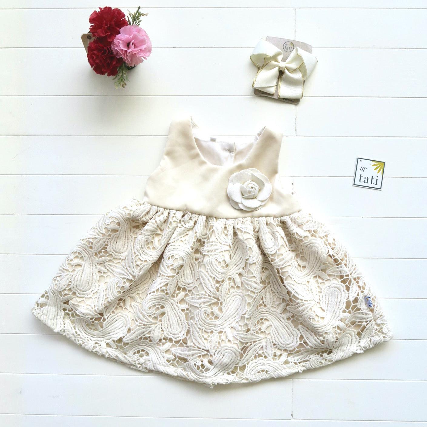 Iris Dress in Cream Neoprene & Paisley Lace - Lil' Tati