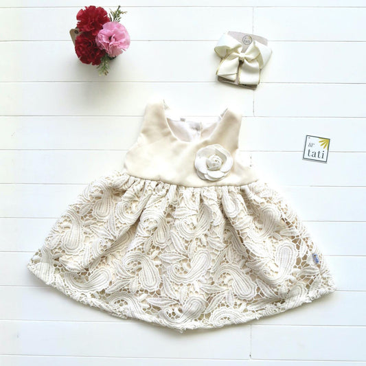 Iris Dress in Cream Neoprene & Paisley Lace - Lil' Tati
