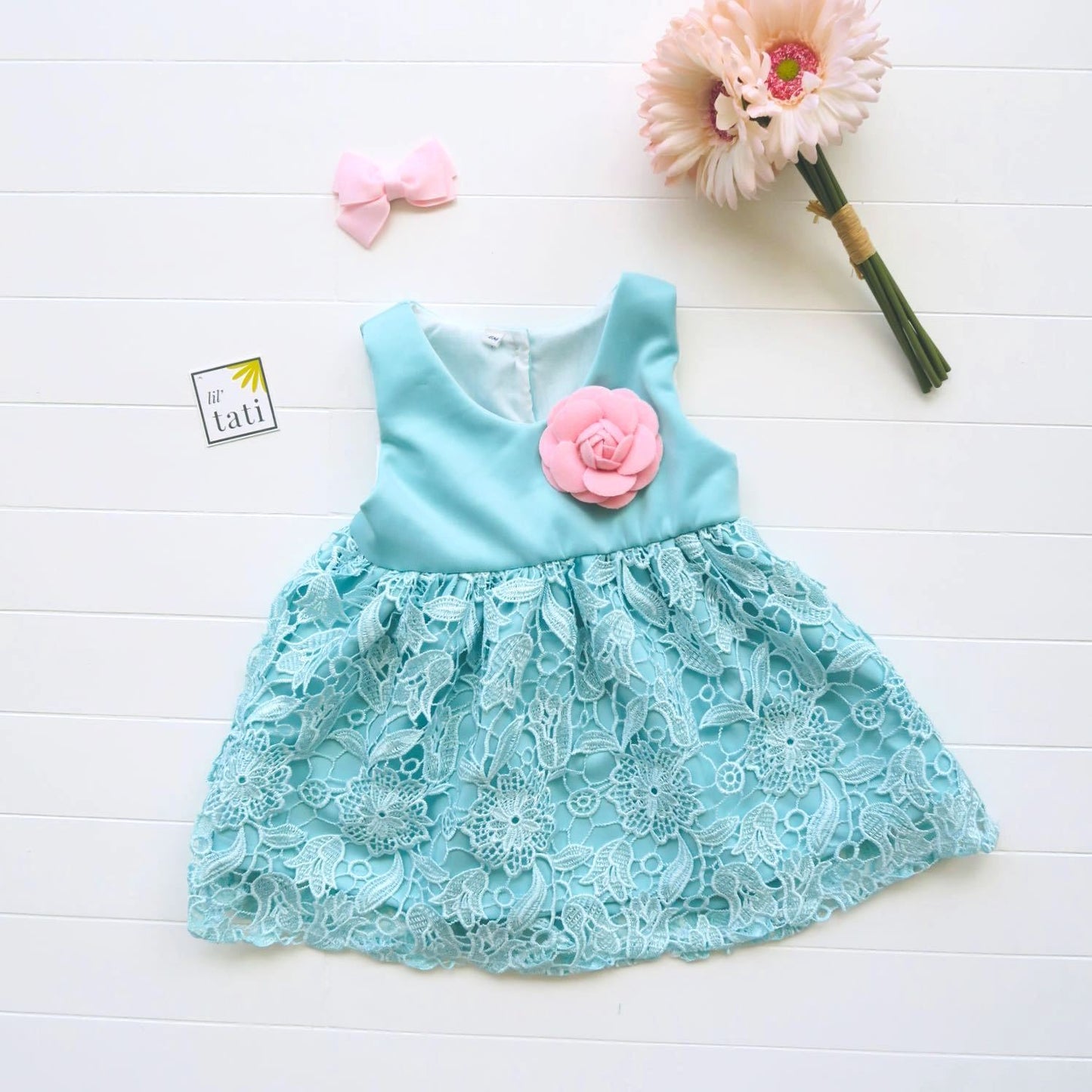Iris Dress in Cyan Neoprene & Floral Lace - Lil' Tati