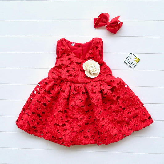 Iris Dress in Flower Lace Red - Lil' Tati