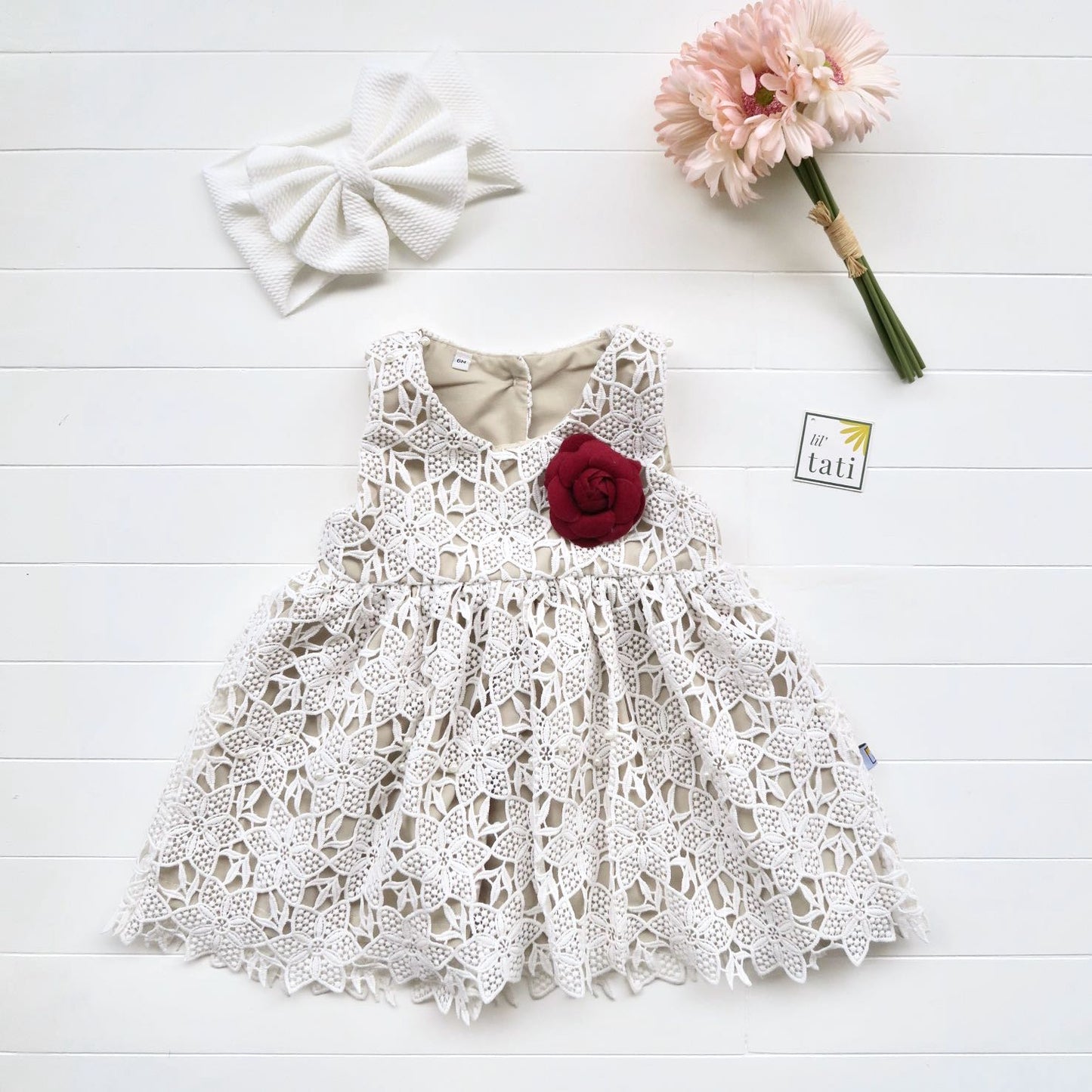 Iris Dress in Nude White Pearl Eyelet - Lil' Tati