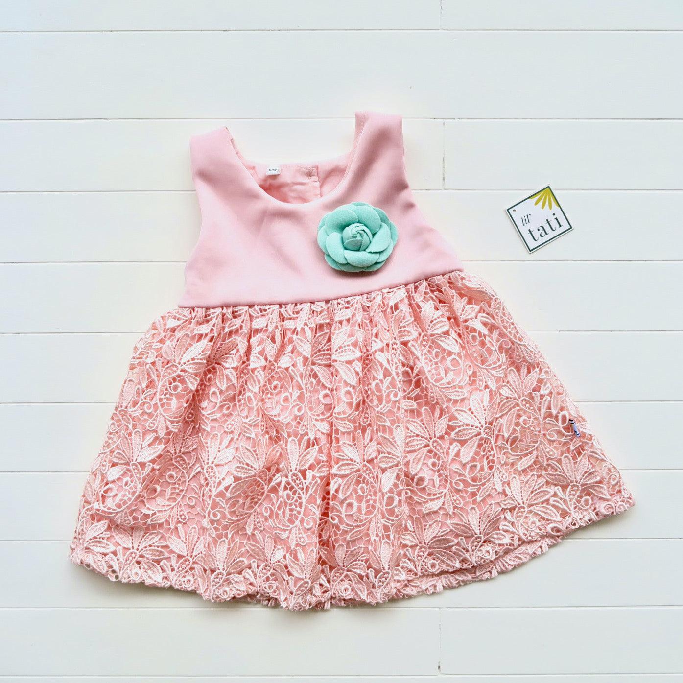 Iris Dress in Peach Pink Neoprene and Lace - Lil' Tati