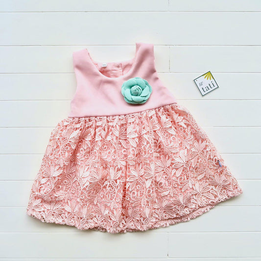 Iris Dress in Peach Pink Neoprene and Lace - Lil' Tati