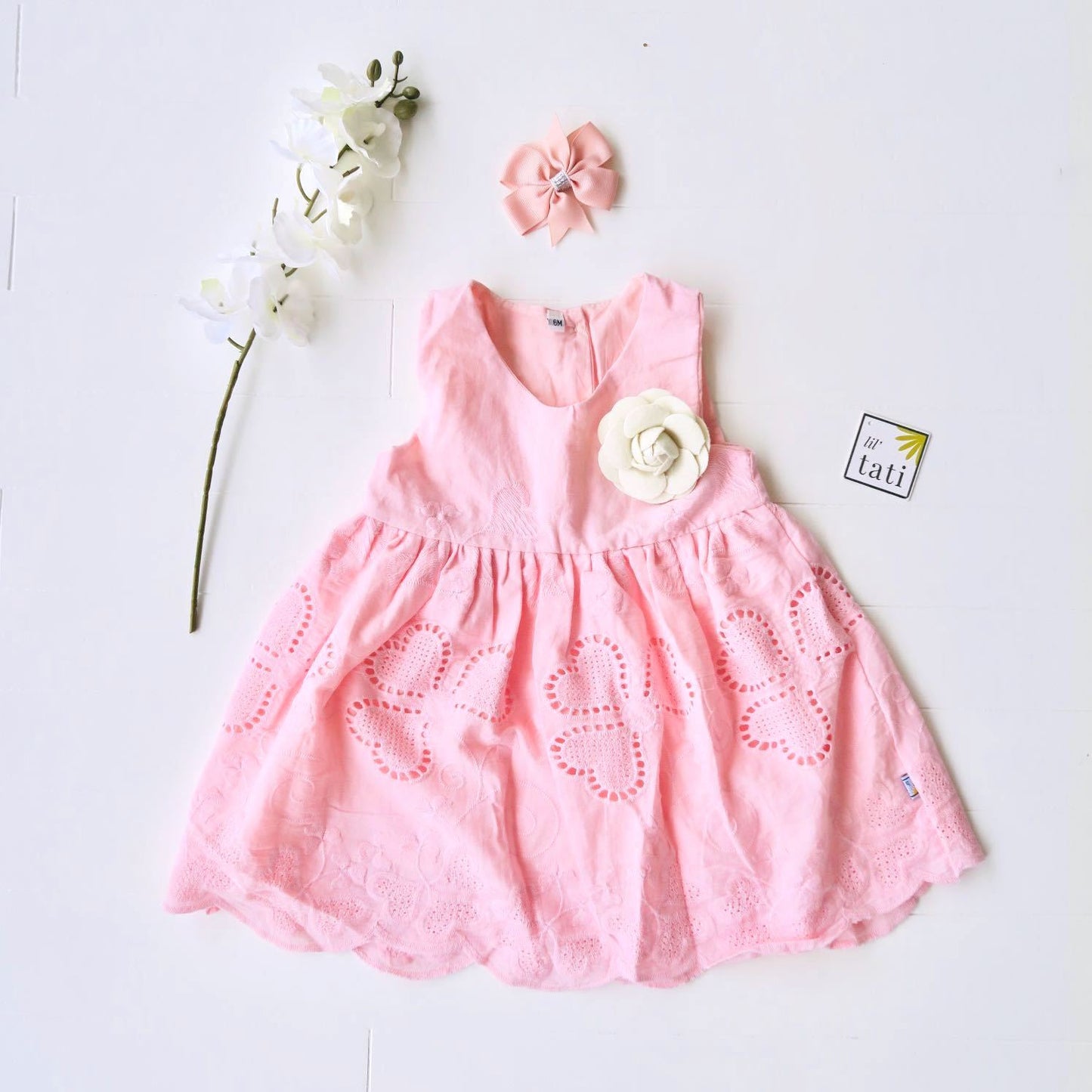 Iris Dress in Pink Hearts Eyelet - Lil' Tati