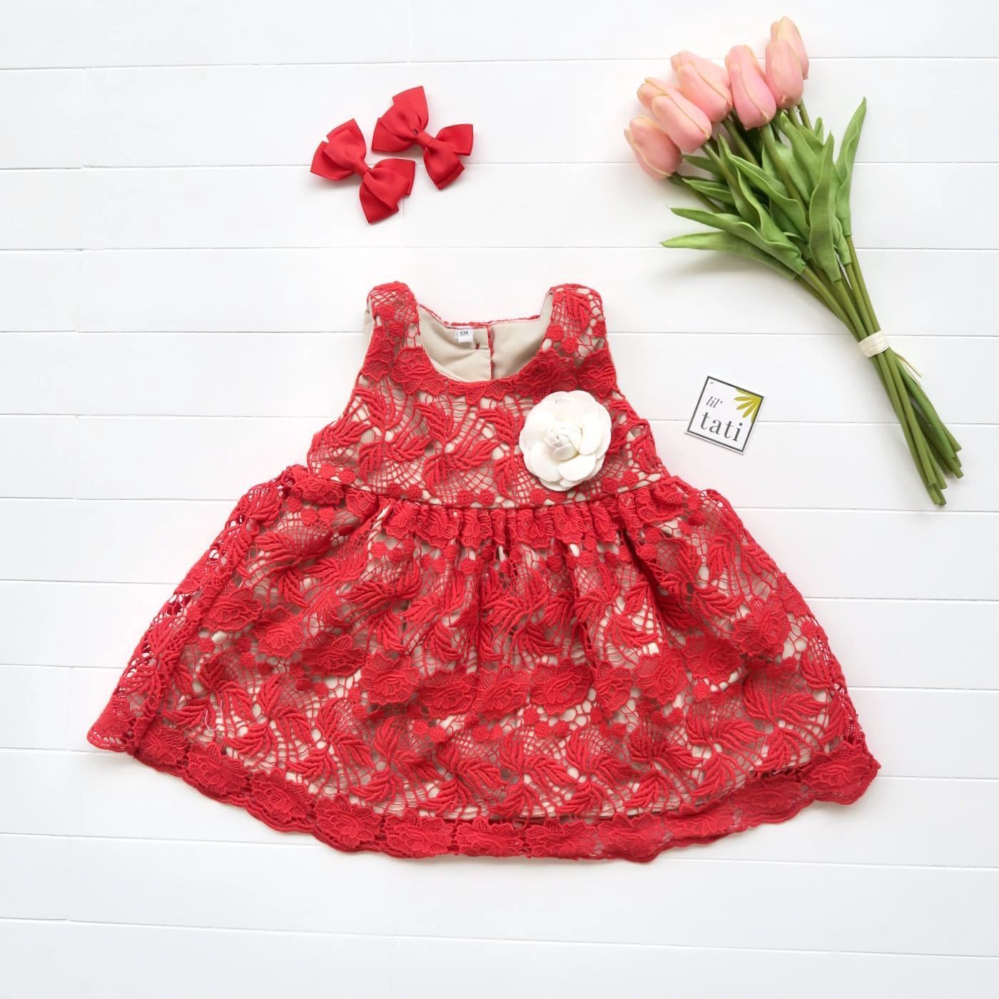Iris Dress in Red Flower Cotton Lace - Lil' Tati