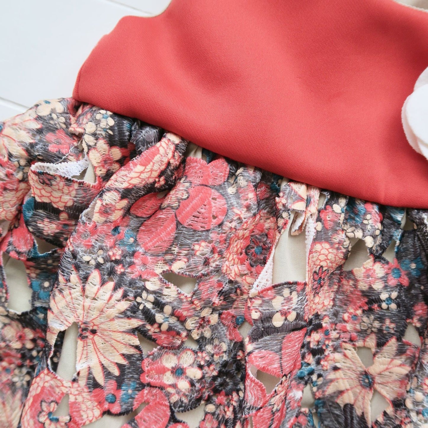 Iris Dress in Red Orange Neoprene Lace - Lil' Tati