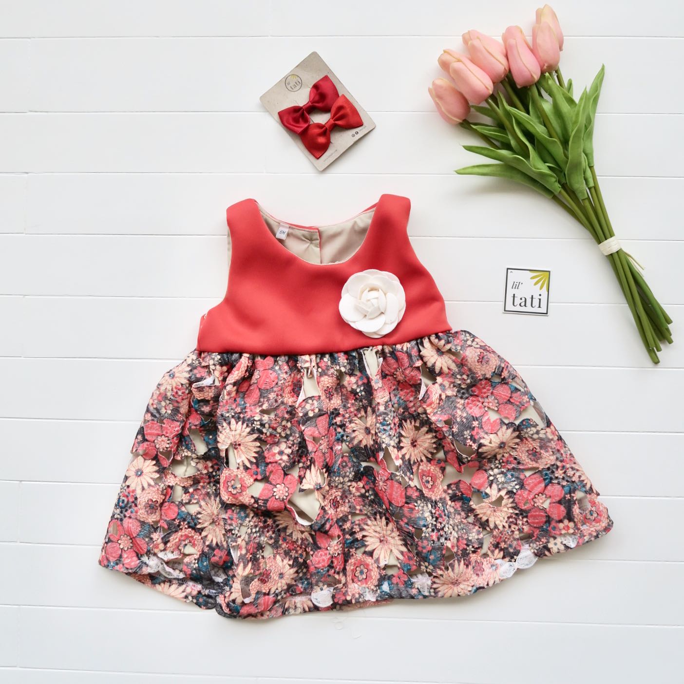 Iris Dress in Red Orange Neoprene Lace - Lil' Tati