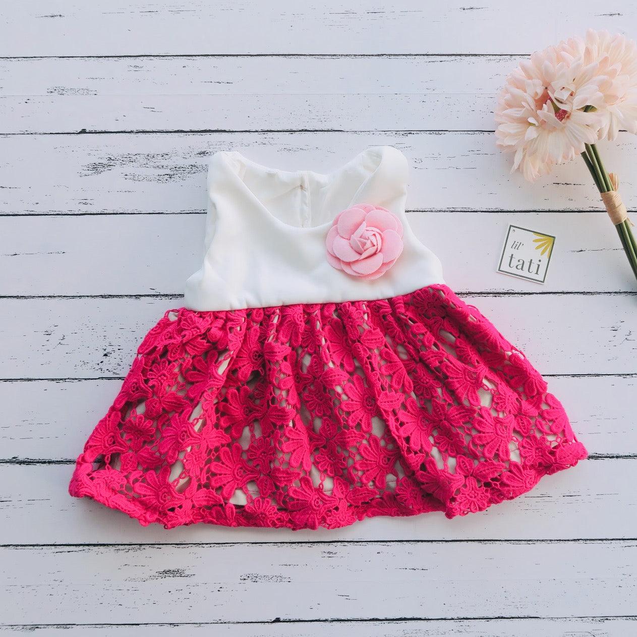 Iris Dress in White Neoprene and Hot Pink Lace - Lil' Tati