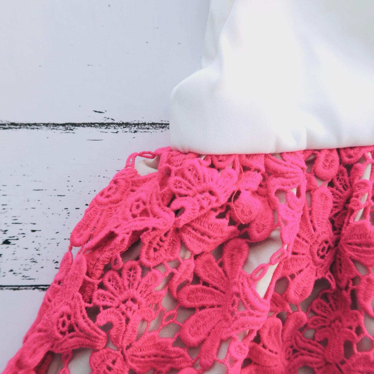 Iris Dress in White Neoprene and Hot Pink Lace - Lil' Tati