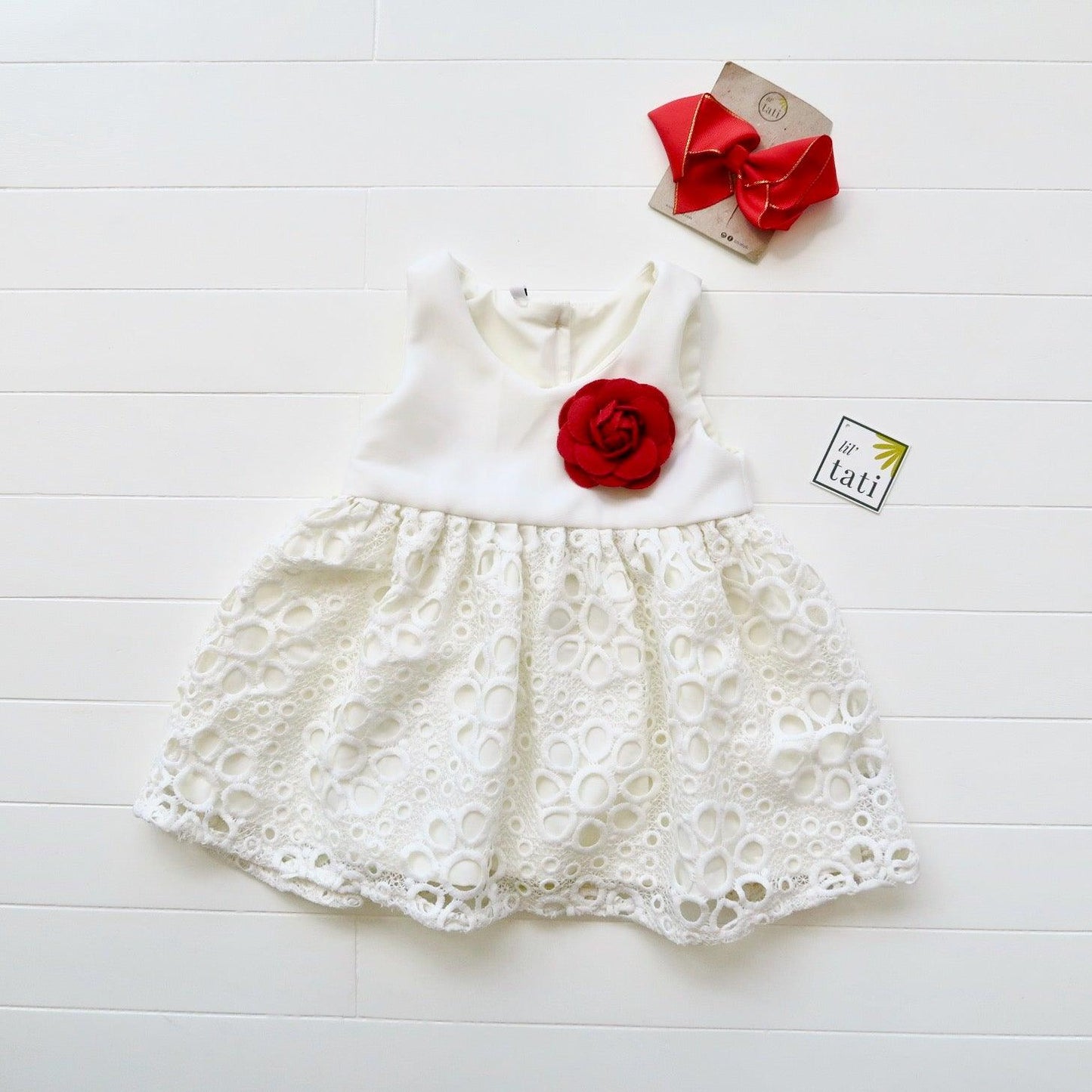 Iris Dress in White Neoprene & White Lace - Lil' Tati