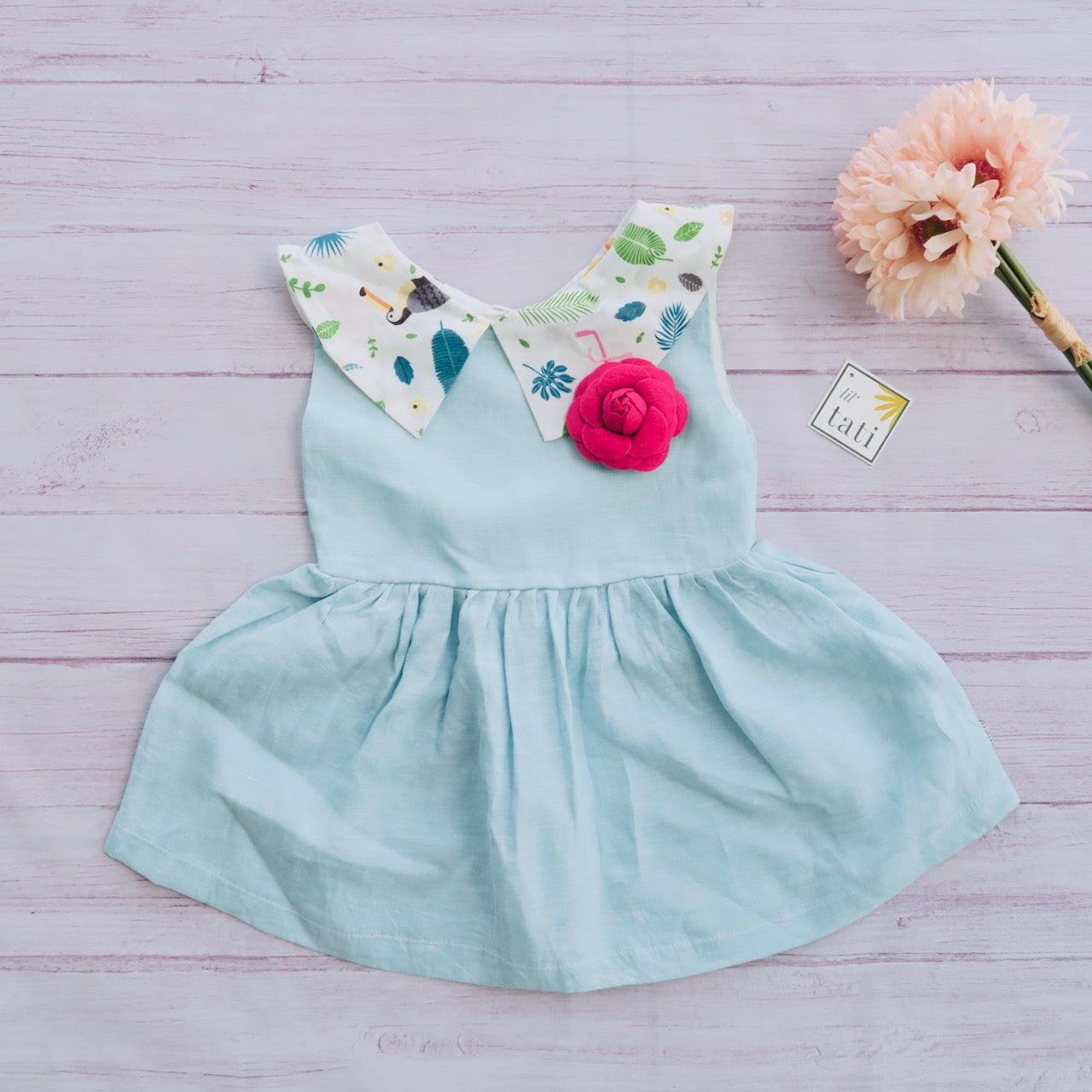 Ivy Dress in Blue Linen & Tropical Flamingo Print - Lil' Tati