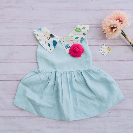 Ivy Dress in Blue Linen & Tropical Flamingo Print - Lil' Tati
