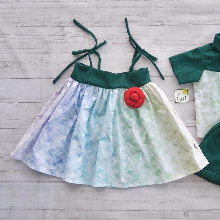 Kalina Dress in Rainbow Ombre and Green Linen - Lil' Tati