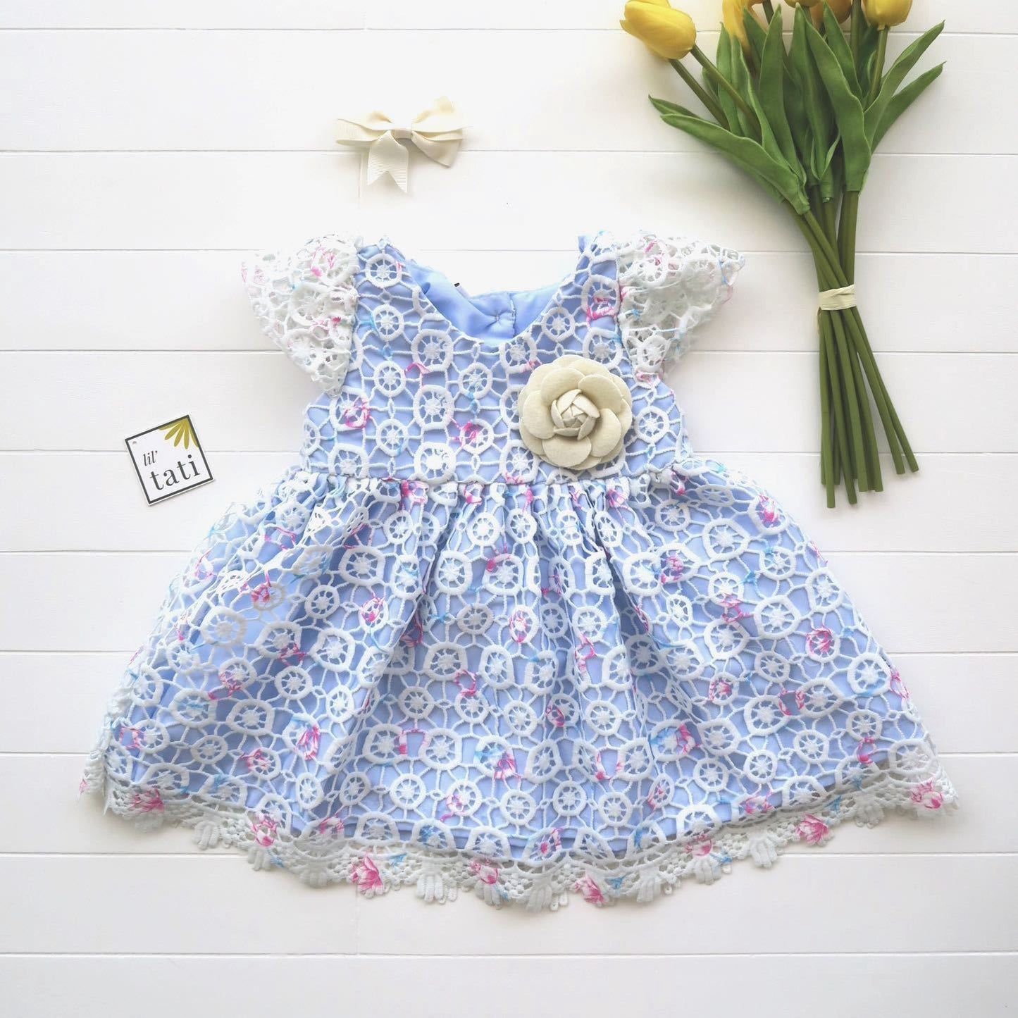 Lotus Dress in Blue Circlet Lace - Lil' Tati