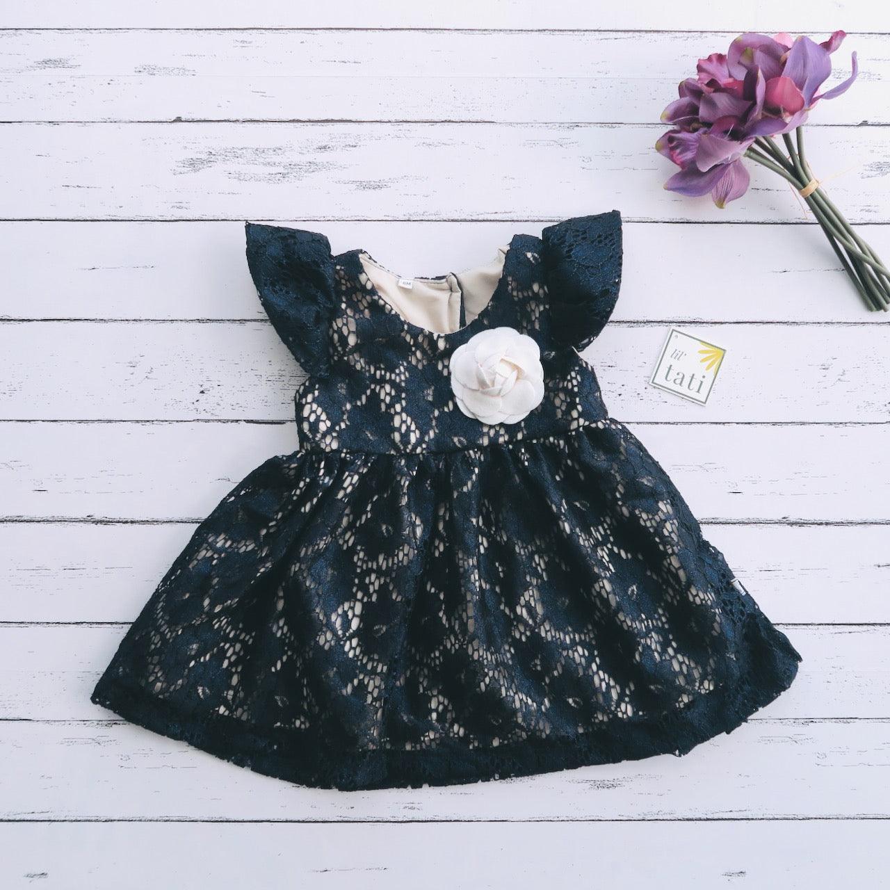 Lotus Dress in Glitzy Navy Blue Lace - Lil' Tati