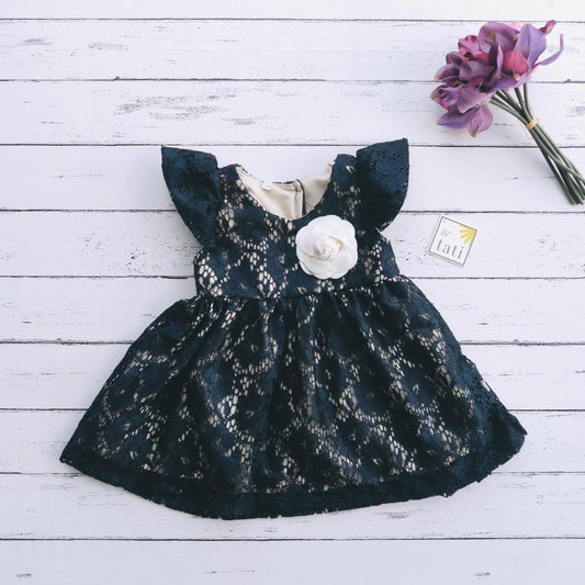 Lotus Dress in Glitzy Navy Blue Lace - Lil' Tati