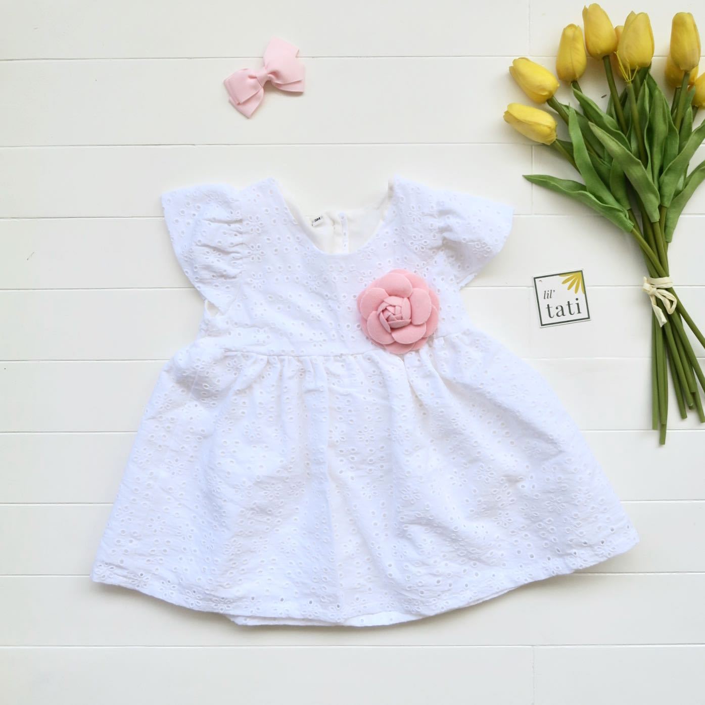 Lotus Dress in Suntan Petal White Eyelet - Lil' Tati