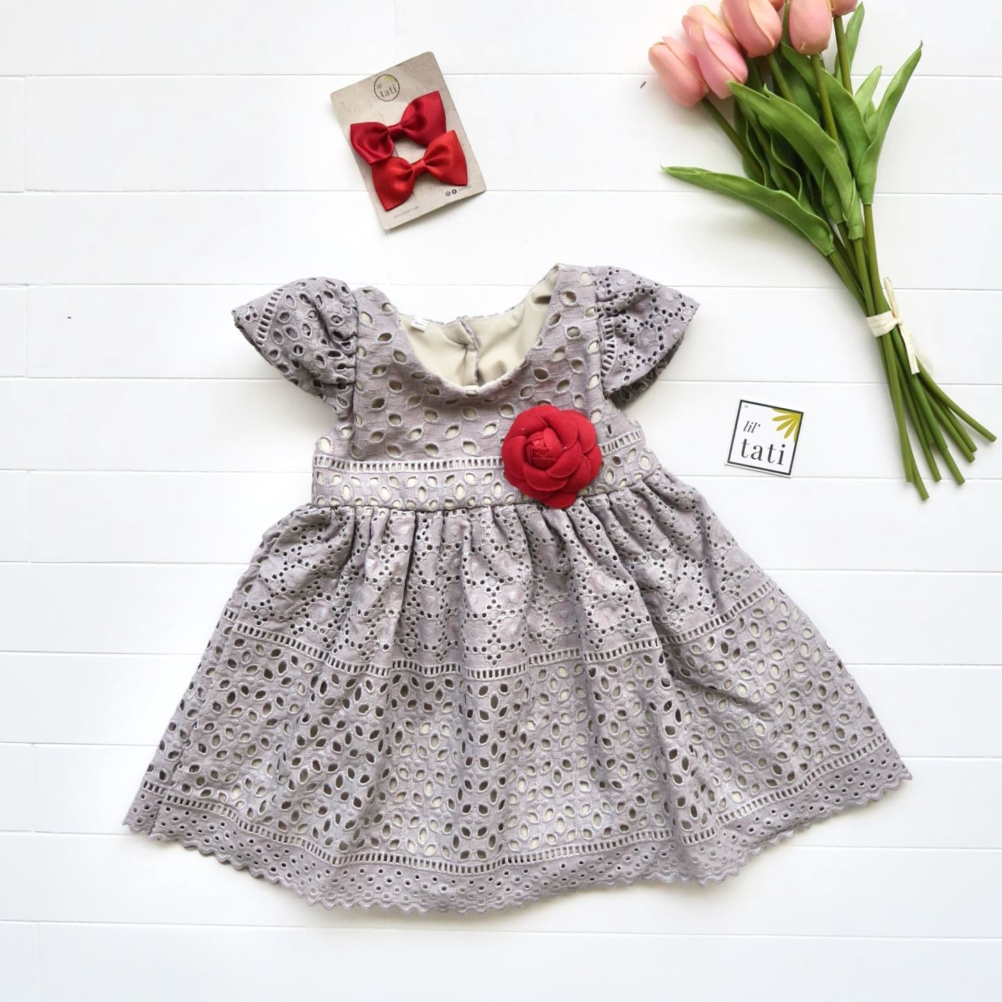 Lotus Dress in Silver Gray Eyelet - Lil' Tati