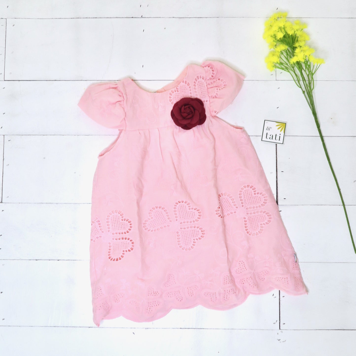 Magnolia Dress in Hearts Eyelet Pink - Lil' Tati